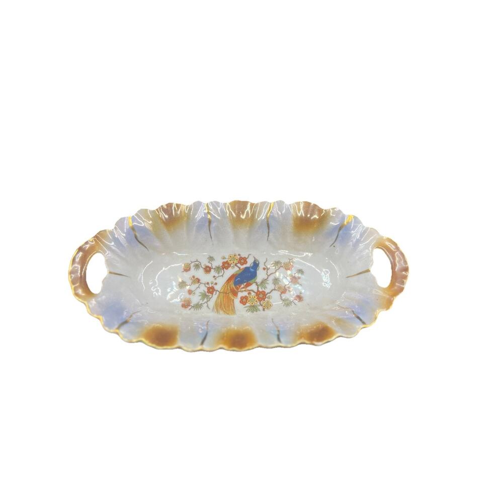 Vintage Oval‎ Ceramic Trinket Dish W/Exotic Bird And Flowers Made In Germany
